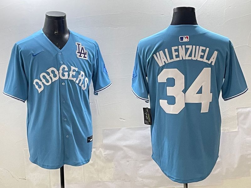 Men Los Angeles Dodgers #34 Valenzuela Light Blue Joint Name 2025 Nike MLB Jersey style 3165
